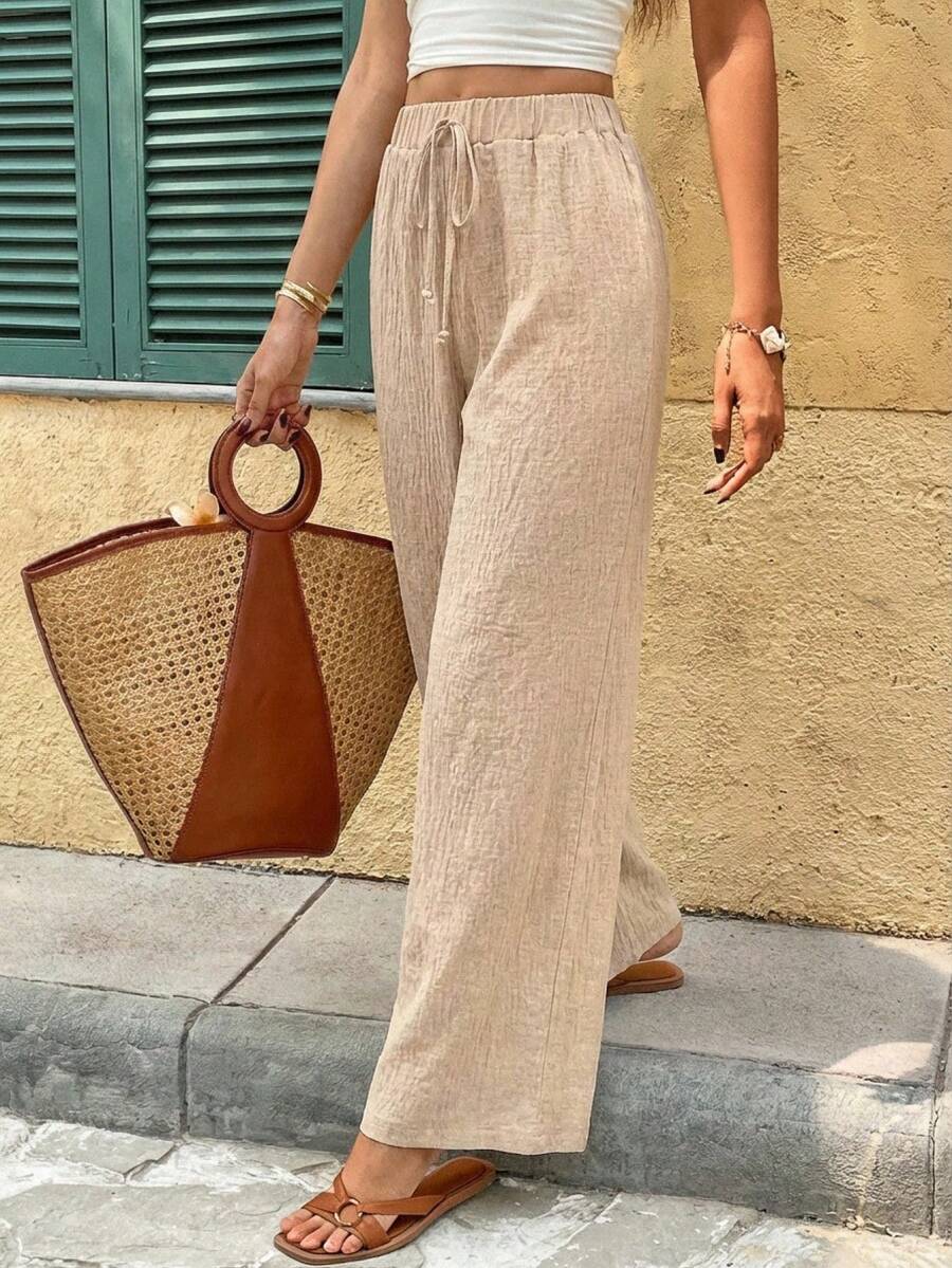 SHEIN Frenchy 女士休闲度假通勤纯色系带阔腿裤，百搭 - 杏色 - 查看 1