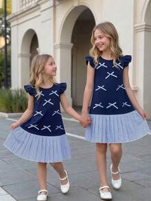 Elladie kids 女童夏季新款圆领A字连衣裙，荷叶袖，褶裥下摆，正面花卉图案，露背设计，休闲复古风，适合日常穿着，红色 - 藏蓝色 - 查看 5