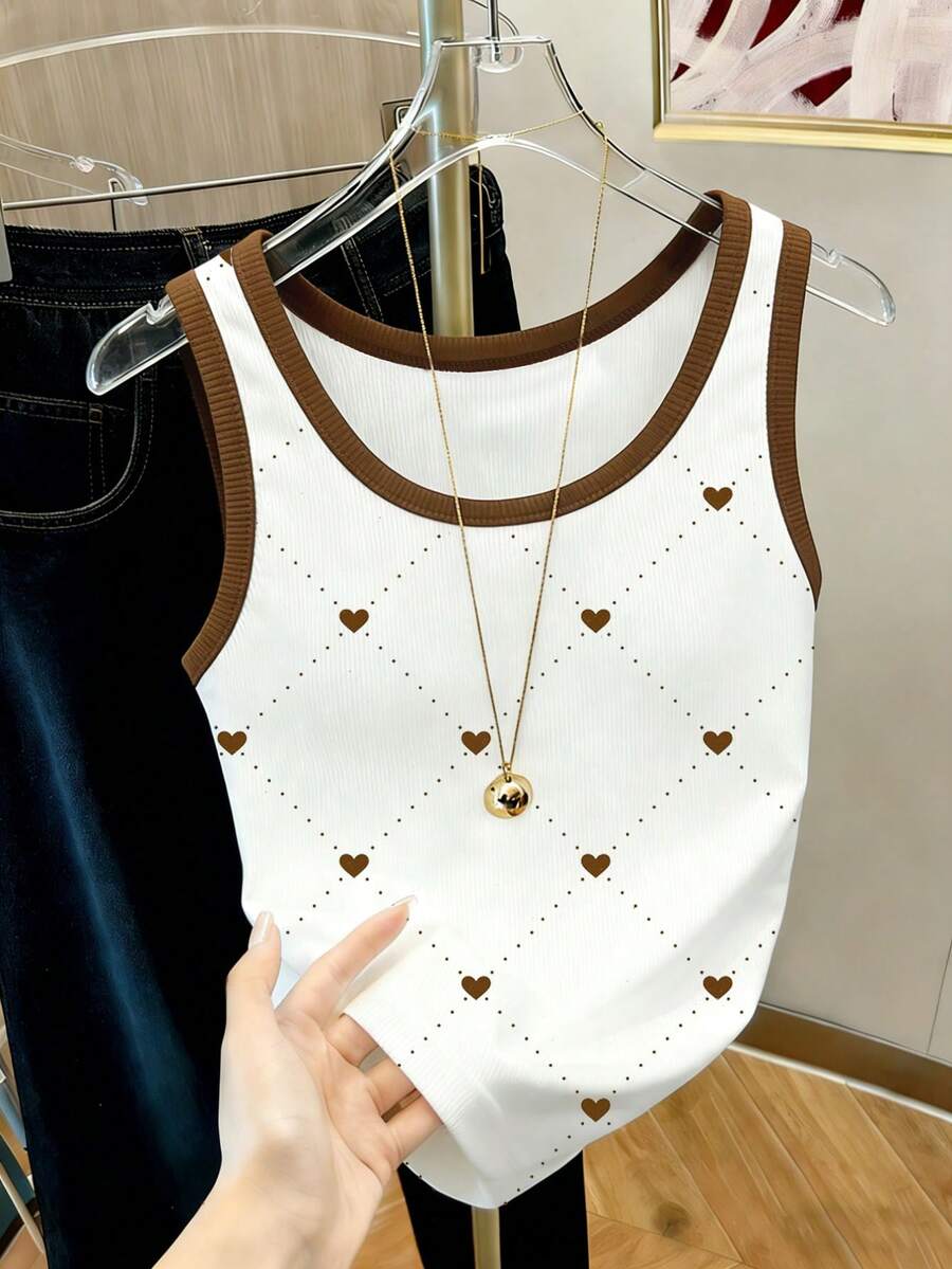 Resyla Women's Heart Print Trim Round Neck Casual Versatile Tank Top - White - View 1