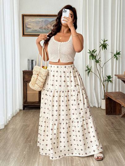 Weeklong Plus Size Spring/Summer Elegant Floral Print A-Line Skirt With Side Button Decor, Suitable For Work