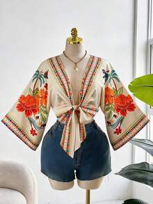 Maweii 大码女式度假印花露背系带蝴蝶结沙滩休闲短款衬衫 - 彩色 - 查看 7