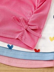 Set de 4 piezas de camisetas de tirantes de punto de unicolor con diseño de corazón para niña - Rosa - Ver 5