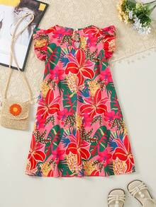 SHEIN Đầm cổ tròn xếp ly họa tiết hoa nhiệt đới nhiều màu sắc cho bé gái, thích hợp mặc cùng mẹ. - Nhiều màu - Xem 6