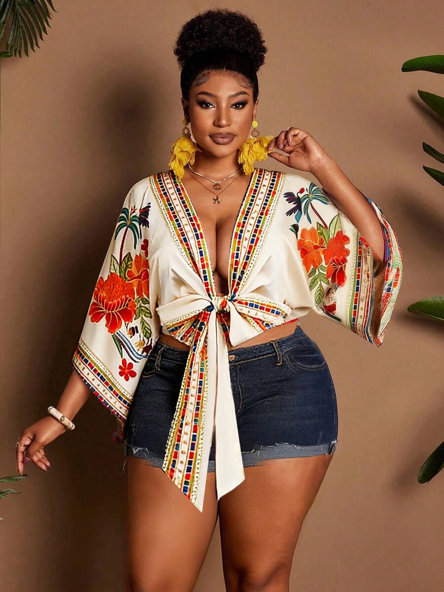 Maweii 大码女式度假印花露背系带蝴蝶结沙滩休闲短款衬衫 - 彩色 - 查看 1