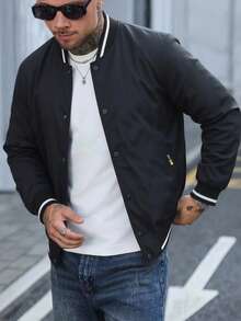 Manfinity Homme 男士棒球领单排扣休闲百搭日常长袖夹克 - 黑色 - 查看 2