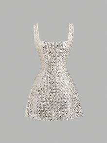 Sweetra Fashionable Sexy Backless Sequin Decor Square Neck Cinched Waist Design Summer Party Dress, Elegant French Style - Silver - View 2