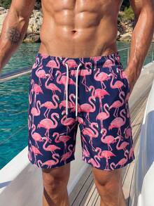 Manfinity Swimmode 男士休闲火烈鸟印花沙滩短裤 - 寶藍色 - 查看 4