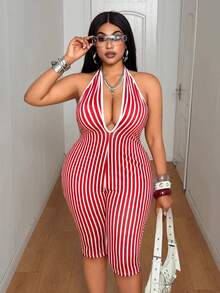 Maweii Plus Size Halter Tie Back Sexy Striped Backless Jumpsuit, Suitable For Beach Vacation - Red - View 1