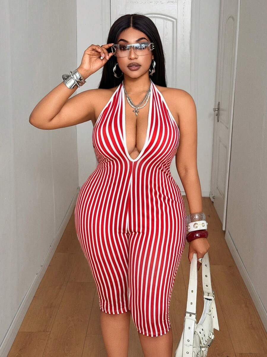 Maweii Plus Size Halter Tie Back Sexy Striped Backless Jumpsuit, Suitable For Beach Vacation - Red - View 1