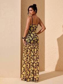 JIAN LASALA 全身印花网纱吊带无袖女士夏季开衩长裙度假 - 彩色 - 查看 2