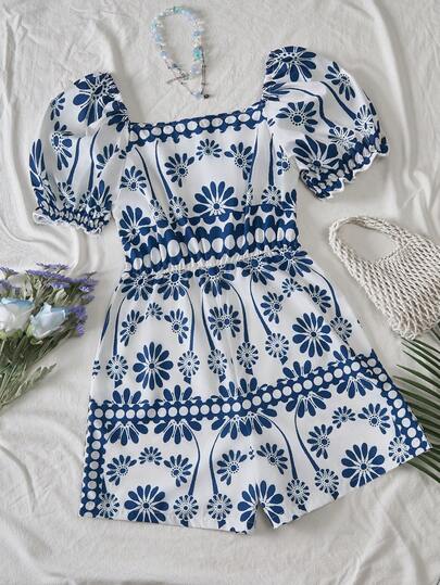 Sparklyn Teen GirlVacation Seaside Pastoral French Style Square Collar Puff Sleeve Cabled Shorts Floral Jumpsuit