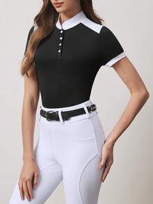 SHEIN With My Calm 撞色拼接立领短袖马术运动服 - 彩色 - 查看 5