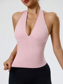 Sovereign Charm Women's Solid Color Deep V-Neck Sports Tank Top - Pink - View 3