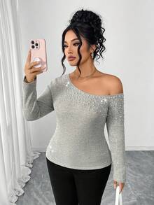 Elenzga Lenzga Women's Plus Size Asymmetrical Shoulder Long Sleeve Cinched Waist Casual Blouse, Elegant Faux Pearl Decor, Luxury Party Wear - Grey - View 4
