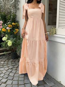 SHEIN Unity Đầm maxi dáng xòe không tay, cổ vuông, eo cao, phối màu sọc xanh dương, hở lưng, buộc dây, gợi cảm, thích hợp cho kỳ nghỉ xuân/hè. - trái cam - Xem 5