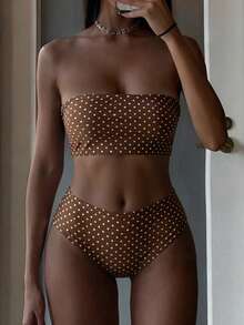 Swim Mod 2026 Spring/Summer Yellow Base Brown Polka Dot & Striped Reversible Design Backside Drawstring Side High Cut Women Bikini Swimwear - Multicolor - View 10