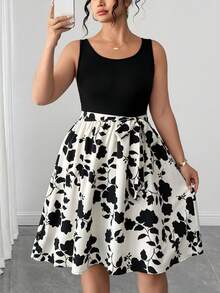 Elenzga Plus Size Women Plant Print Round Neck Sleeveless Casual Dress - Black and White - View 5