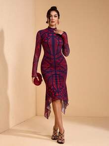 JIAN LASALA Vestido midi de manga larga con cuello de tortuga de malla con estampado total, ajustado, con bajo asimétrico, estilo bohemio casual - Multicolor - Ver 4