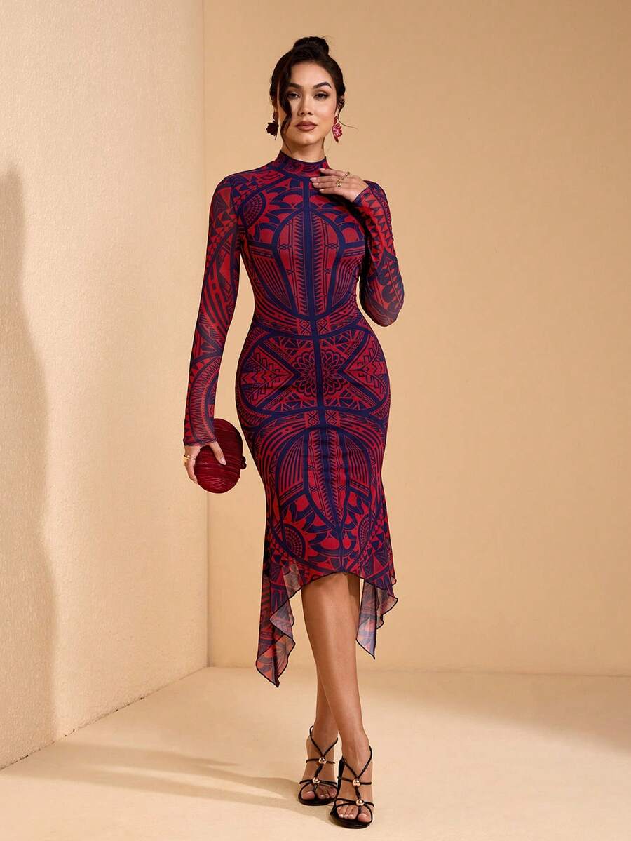 JIAN LASALA 全印花网纱高领长袖修身中长连衣裙，不对称下摆，波西米亚休闲风 - 彩色 - 查看 1