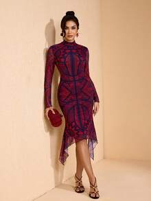 JIAN LASALA Vestido midi de manga larga con cuello de tortuga de malla con estampado total, ajustado, con bajo asimétrico, estilo bohemio casual - Multicolor - Ver 6