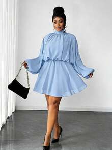 Maweii Plus Size Women Solid Color Pleated Collar Fashion Date Party Dress - Mint Blue - View 2