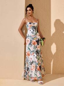 JIAN LASALA Multi Floral Tropical Print Mesh Ruched Bustier Spaghetti Straps Women Sleeveless Maxi Dress - Multicolor - View 5