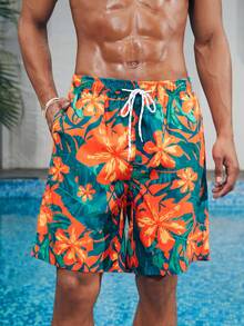Azuldrift 1pc Men Floral Print Loose Fit Beach Shorts, Vacation Style Couples Matching Swimwear Vacation For Beach,Hawaiian - Multicolor - View 4