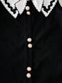 Elladie kids Girls' Elegant Sweet Lady Style Ruffle Trim Square Bow Collar Pearl Button Sleeveless Dress, Suitable For Spring/Summer Party & Gathering - Black and White - View 8