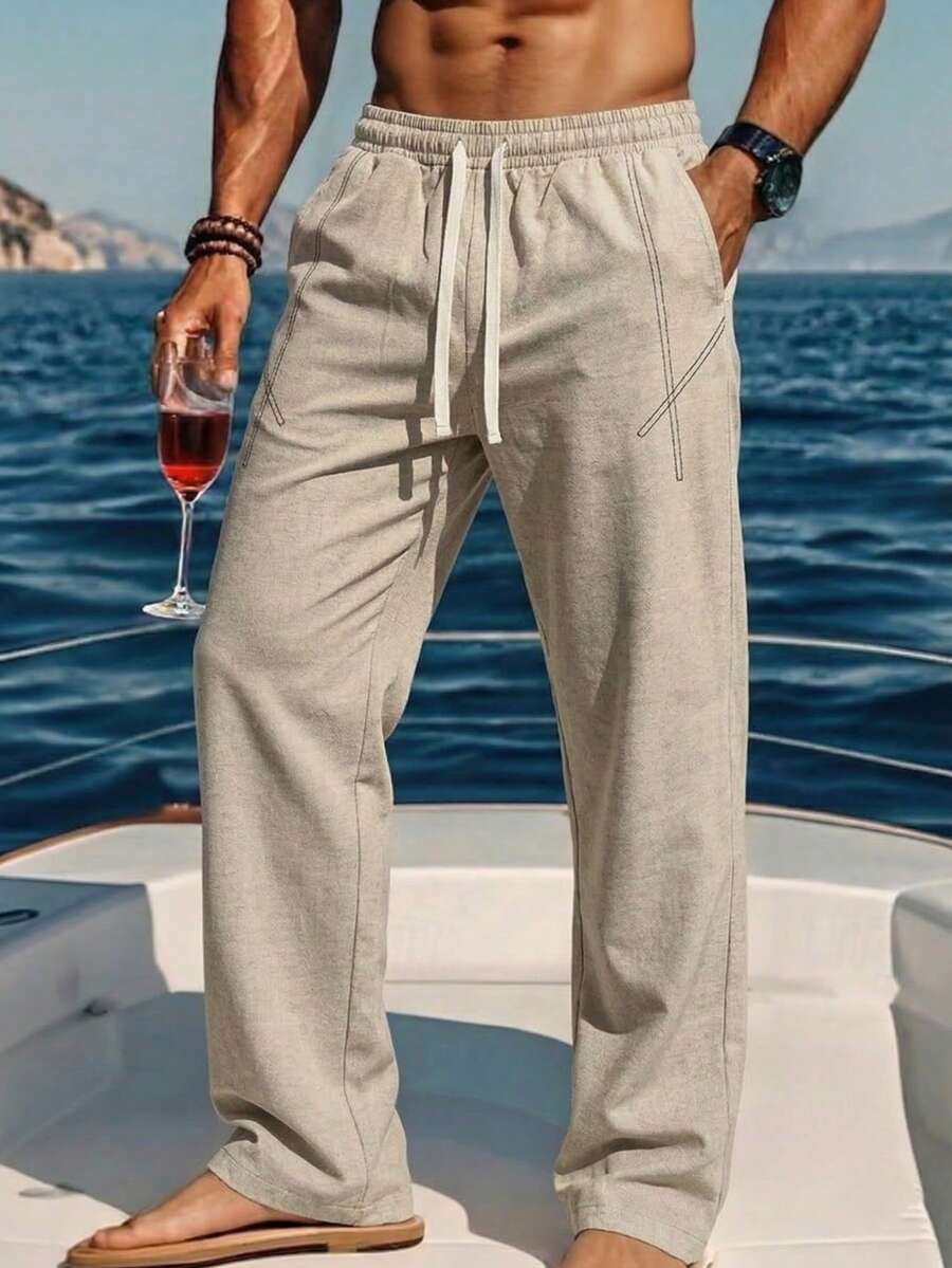 VIVINTIMO Men's Drawstring Waist Pockets Casual Versatile Daily Wear Pants - Khaki - View 1