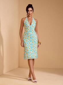 JIAN LASALA 夏季全印花网纱V领露背吊带中长连衣裙，休闲度假风 - 彩色 - 查看 3