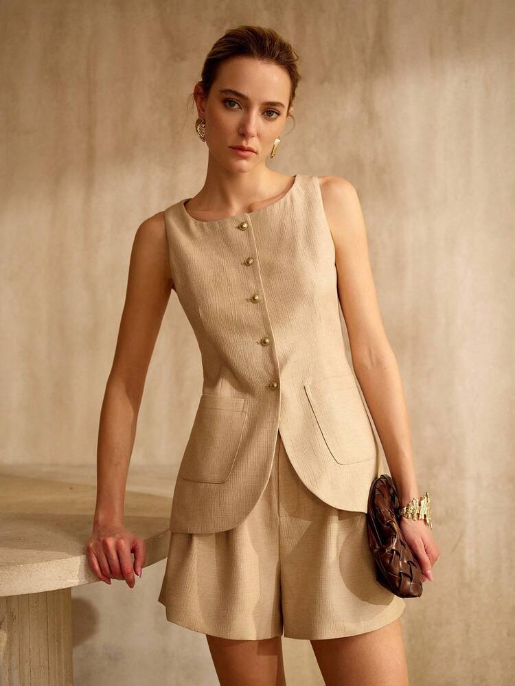 2PCS WOMEN'S KHAKI COMMUTER STYLISH & ELEGANT TOP & SHORTS SET