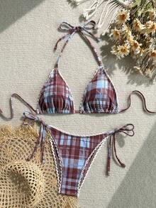 SHEIN Swim Mod 领带多色格子白色蕾丝侧系带比基尼套装 - 彩色 - 查看 4