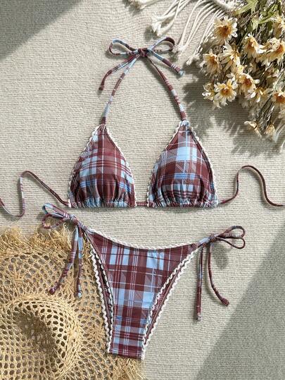 Bonvoyette Neck Tie Multicolor Plaid White Lace Side Tie Bikini Set
