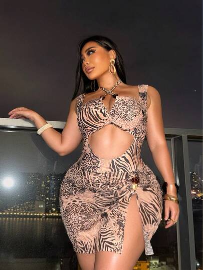 Swim SXY Plus Size Women's Leopard & Zebra Print One-Piece Swimsuit With Matching Skirt, Suitable For Beach Vacation, Pool Party, Beach Party