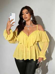 Viva Relle Blusa casual versátil de uso diario con hombros descubiertos y volantes en unicolor para mujer de talla grande - Amarillo claro - Ver 5
