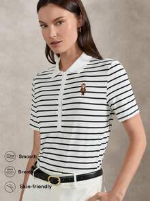 Briarwyn 女士条纹卡通刺绣休闲百搭通勤短袖Polo衫，夏季女装，春季女装，夏季度假装，情人节，圣帕特里克节女装，海滩度假装，外出装，女士Polo衫，女士高尔夫T恤，女士高级上衣，女士航海服，女士品牌服装，女士短袖上衣，女士夏季衬衫，女士工作上衣 - 彩色 - 查看 4