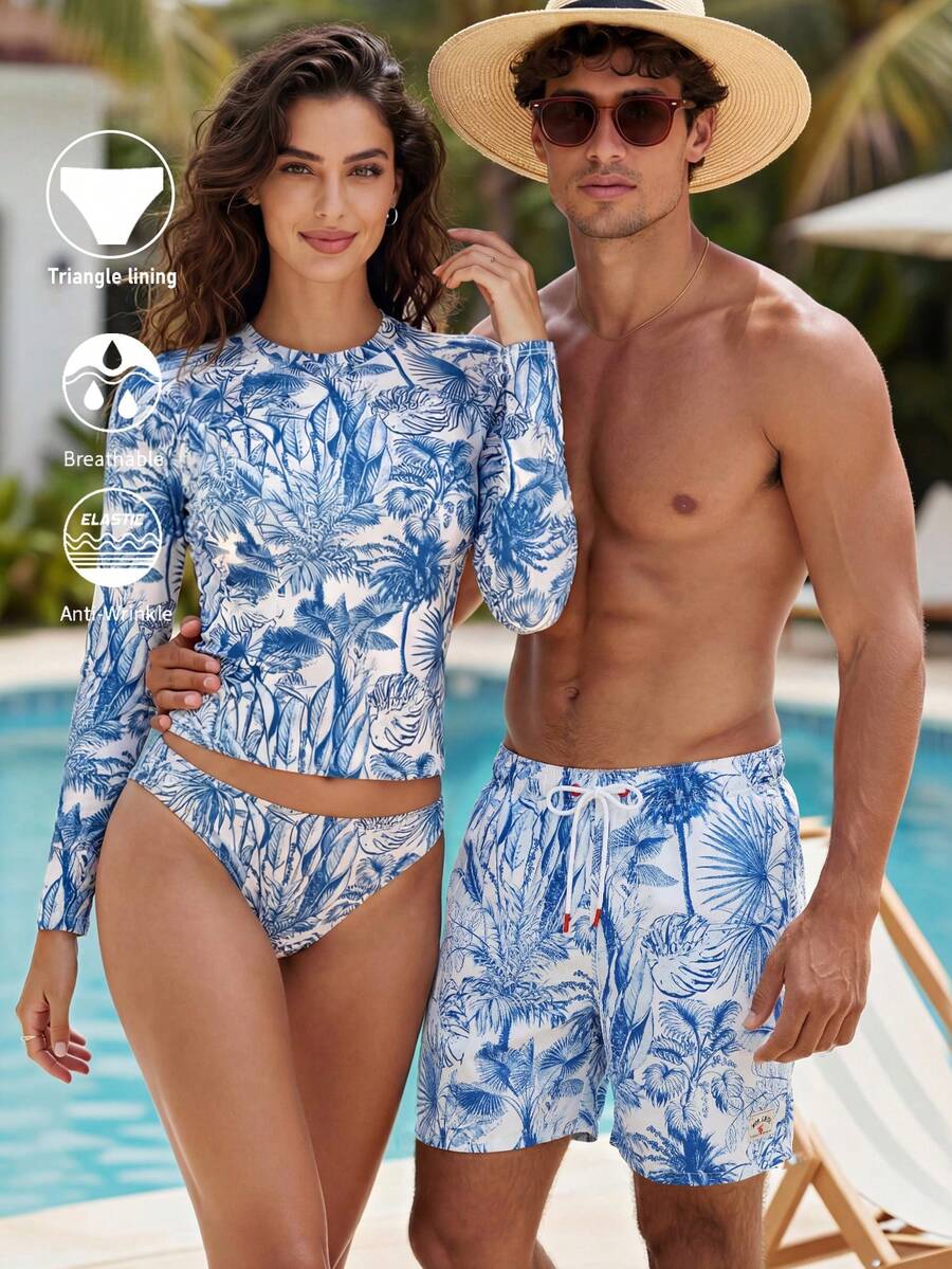 Horizaway Men's Tropical Print Drawstring Waist Beach Shorts, Summer Men Swim Trunks Couple Couples Matching Swimwear - Blue - View 1