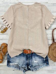 SHEIN LUNE CURVE Áo sơ mi nữ cỡ lớn, chất liệu vải dệt - Thích hợp cho kỳ nghỉ hè, mặc thường ngày. - Màu Khaki - Xem 2