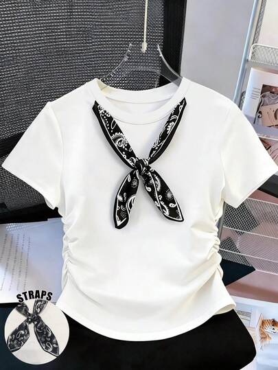 Resyla Damen Lässig Plissee T-Shirt mit Schal Design Rundhalsausschnitt