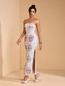 JIAN LASALA All-Over Print Mesh Off-Shoulder Sleeveless Bodycon Women Long Dress With Slits Summer Vacation Golf White Sexy - Multicolor - View 3