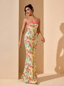 JIAN LASALA Summer Tropical Print Spaghetti Strap Women Bodycon Maxi Dress Elegant Vacation Casual Romantic - Multicolor - View 1