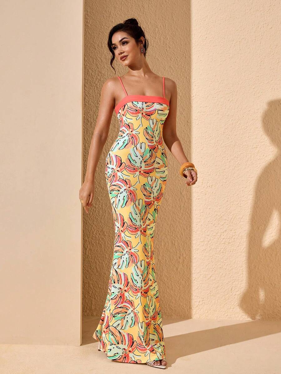 JIAN LASALA Summer Tropical Print Spaghetti Strap Women Bodycon Maxi Dress Elegant Vacation Casual Romantic - Multicolor - View 1