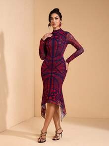 JIAN LASALA Vestido midi de manga larga con cuello de tortuga de malla con estampado total, ajustado, con bajo asimétrico, estilo bohemio casual - Multicolor - Ver 1