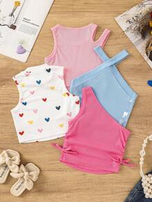 Set de 4 piezas de camisetas de tirantes de punto de unicolor con diseño de corazón para niña - Rosa - Ver 2