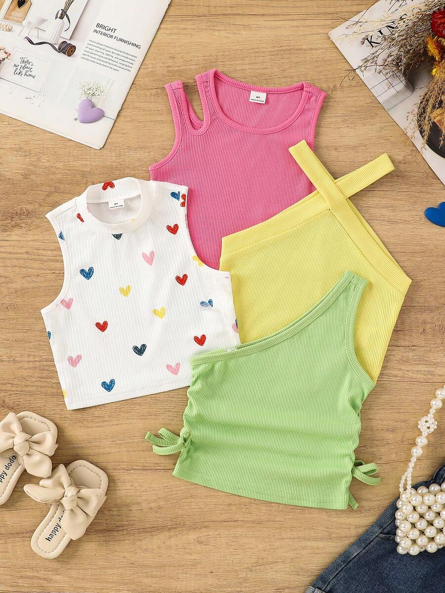 4pcs Young Girl Solid Color Heart Pattern Knit Camisole Set Cute Spring Tops Multipack Tops Kids Girls Sleeveless Tops Young Girls Multi Pack Tops - Lime Green - View 1