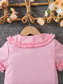 SHEIN Genkimix Kids 女童条纹荷叶边休闲百搭日常短袖T恤 - 粉色 - 查看 6