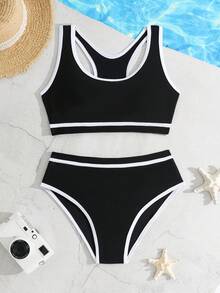 少女撞色镶边泳衣套装，度假海滩 - 黑色 - 查看 3