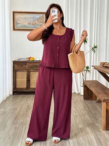 Weeklong Plus Size Women's New Elegant Casual Design Ruffled Trim Sleeveless Top And Wide Leg Pants 2-Piece Set - Burgundy - View 4