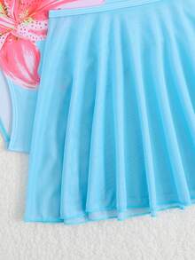 SHEIN 女童碎花两件式泳衣，带网纱裙，适合度假和暑假穿着 - 淺藍色 - 查看 7