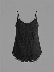 SHEIN EZwear 两件套蕾丝吊带背心（带衬里），休闲百搭，大码，适合音乐节和度假，黑白配色 - 黑與白 - 查看 6